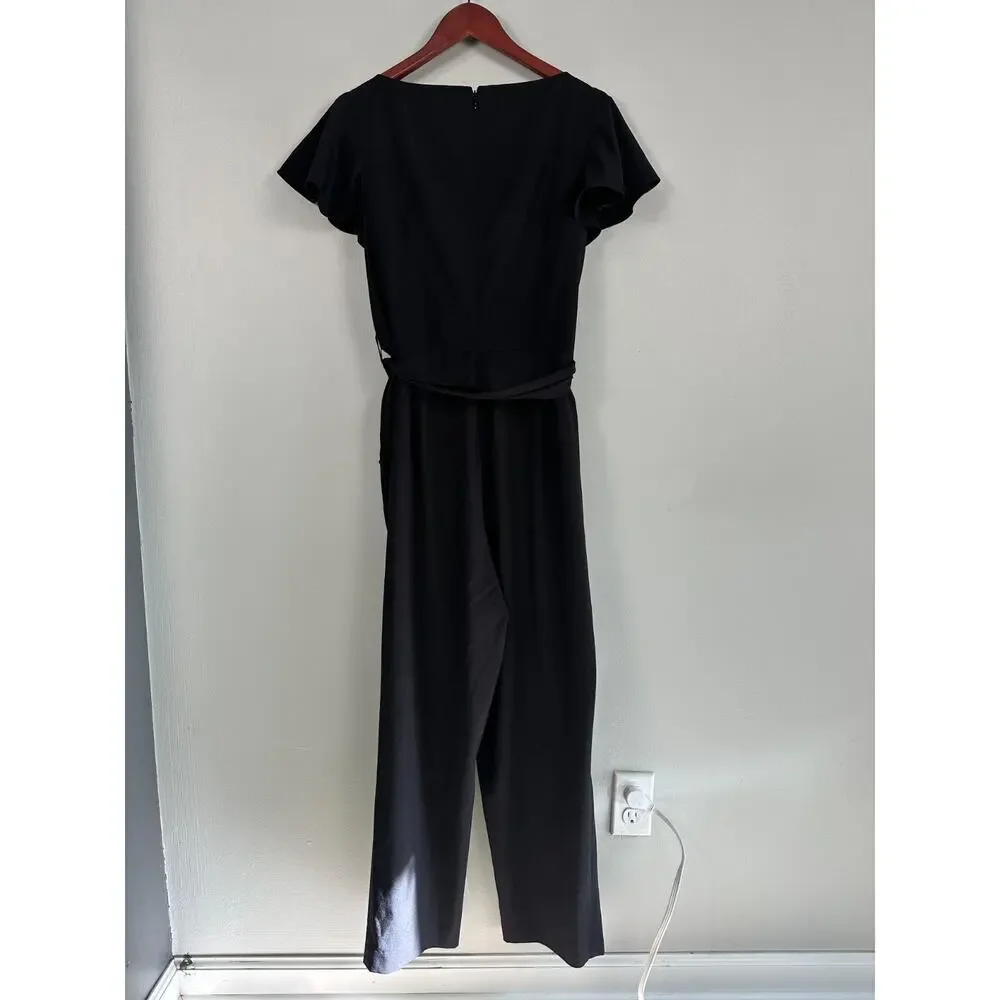 Calvin Klein Womens Flutter Sleeve Belted Jumpsuit Black Size 12 Cropped